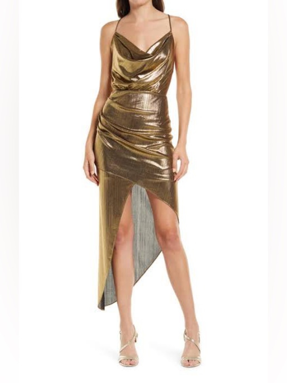Lulus Gold Metallic Cowl Neck Slip Dress